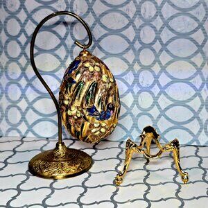 Vintage Cloisonné Bird Egg Ornament w Brass Display Stands Set (3) Fabergé Style